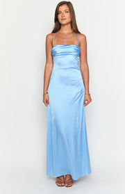 Full length front view of a sky blue satin maxi dress with a soft cowl neckline and thin straps
