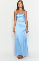 Beginning Boutique Blaise Blue Satin Maxi Dress light blue satin maxi dress with criss-cross back straps and ruched tie detail