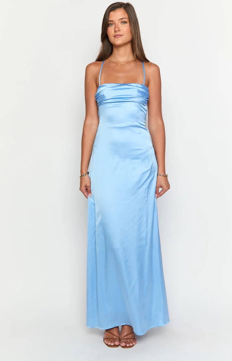 Blaise Blue Satin Maxi Dress - US 4 | Beginning Boutique Exclusive Blaise Blue Satin Maxi Dress - US 4 | Beginning Boutique Exclusive