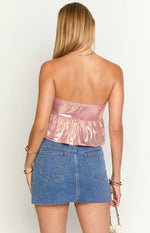 Barbara Pink Metallic Strapless Crop Top