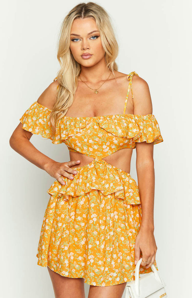 Alyssa Orange Floral Ruffle Mini Dress – Beginning Boutique US