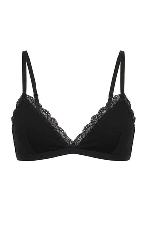Front view of a black jersey bralette featuring triangle cups and delicate lace trim
