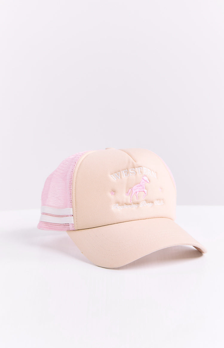 Side view of a cream trucker cap with pink mesh back, two white stripes, and pink embroidered horse design