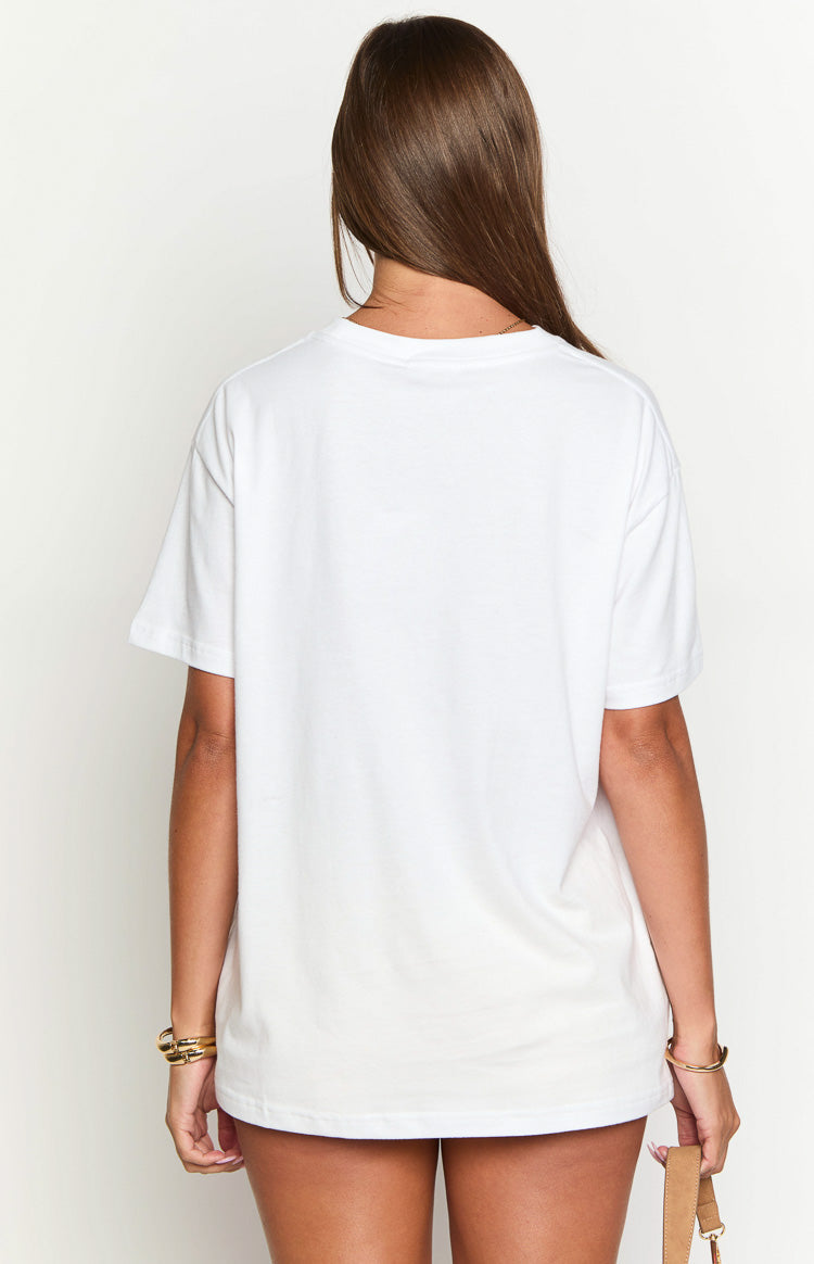 Rear view of a white short sleeve crew neck tee with a relaxed fit