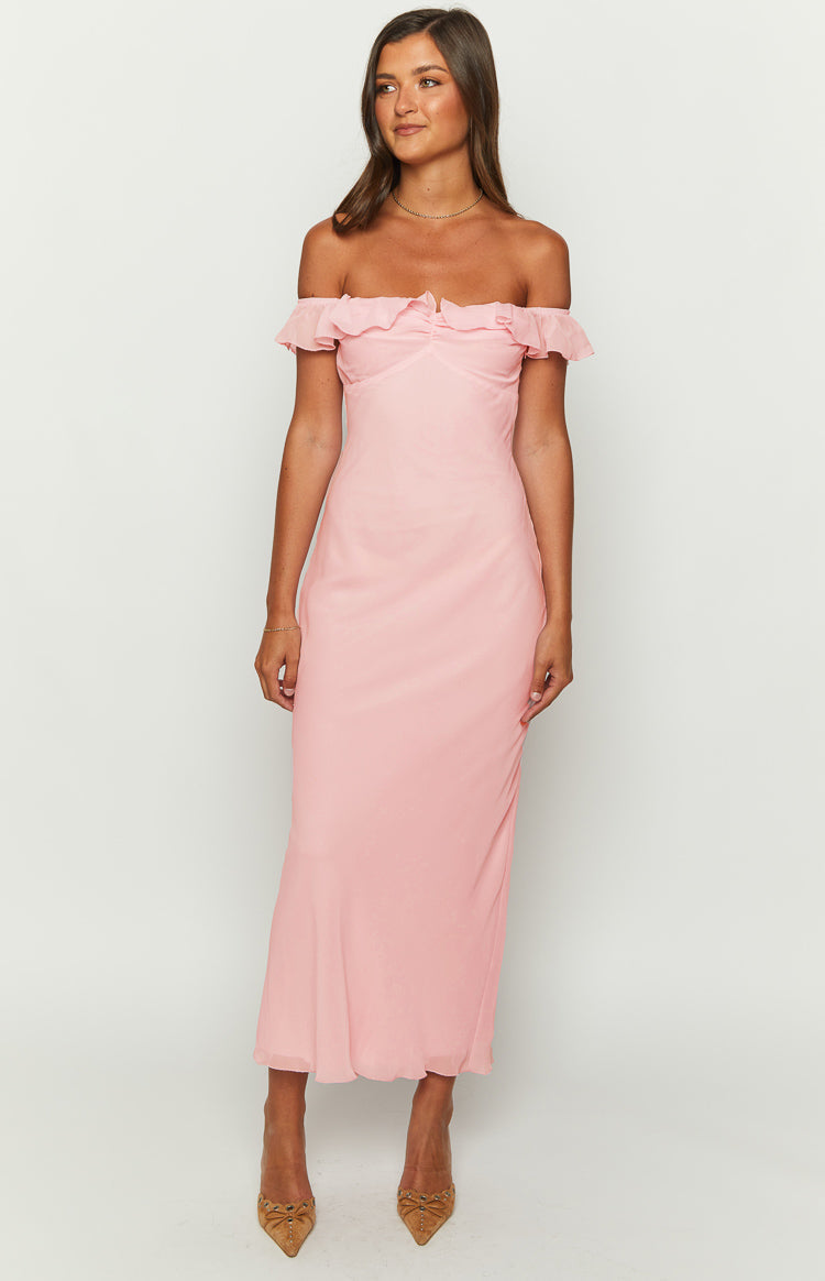 pink chiffon midi dress Lace Tiered Wrap Chiffon Midi Dress in Pink