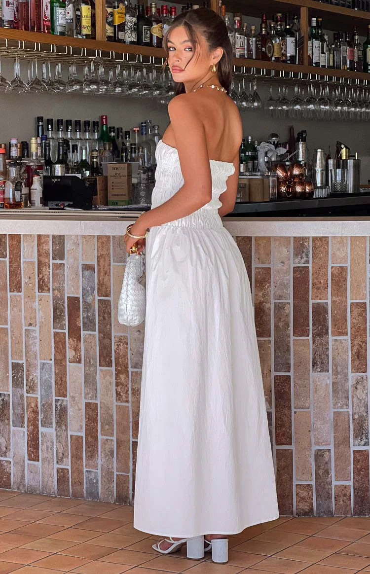 white strapless maxi dress Angelie Strapless Satin White Maxi Alamour The Label