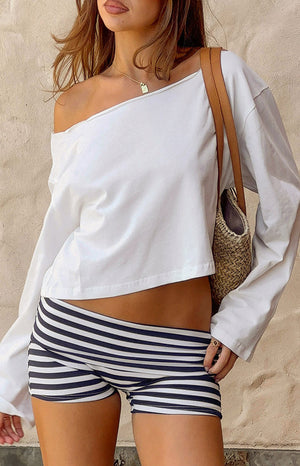 Beginning Boutique Bennie Navy Stripe Foldover Micro Shorts navy and white horizontal stripe foldover micro shorts
