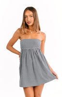 Beginning Boutique Berrie Black Gingham Strapless Mini Dress black gingham strapless mini dress with a tie-back and gathered