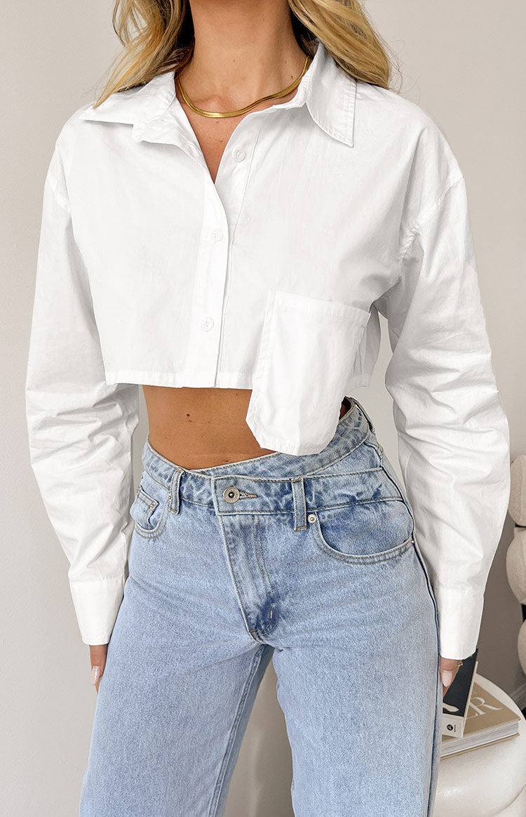 Bestie White Button Up Crop Shirt Image