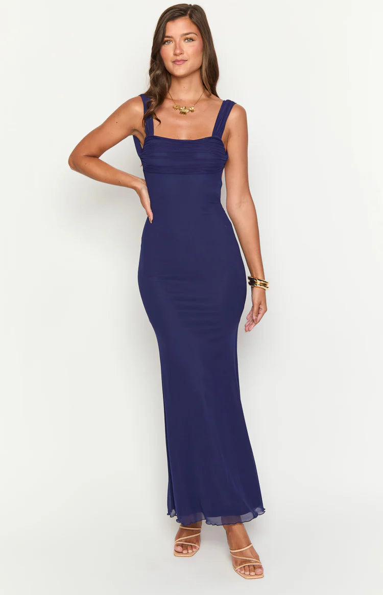 fitted lace wedding dress Beverley Navy Mesh Maxi Dress - US 14