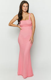 Pink mesh maxi dress with a ruched square neckline, wide shoulder straps, and bodycon fit