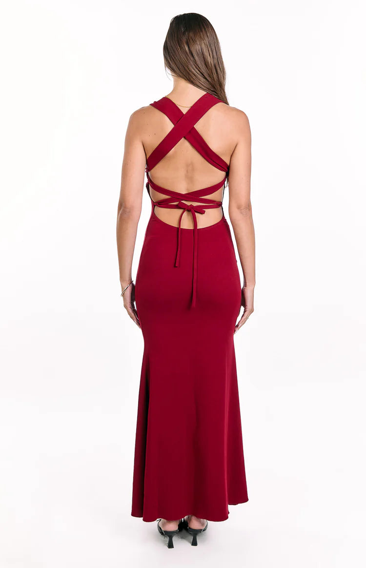 Beverley Wine Crepe Maxi Dress | Beginning Boutique US