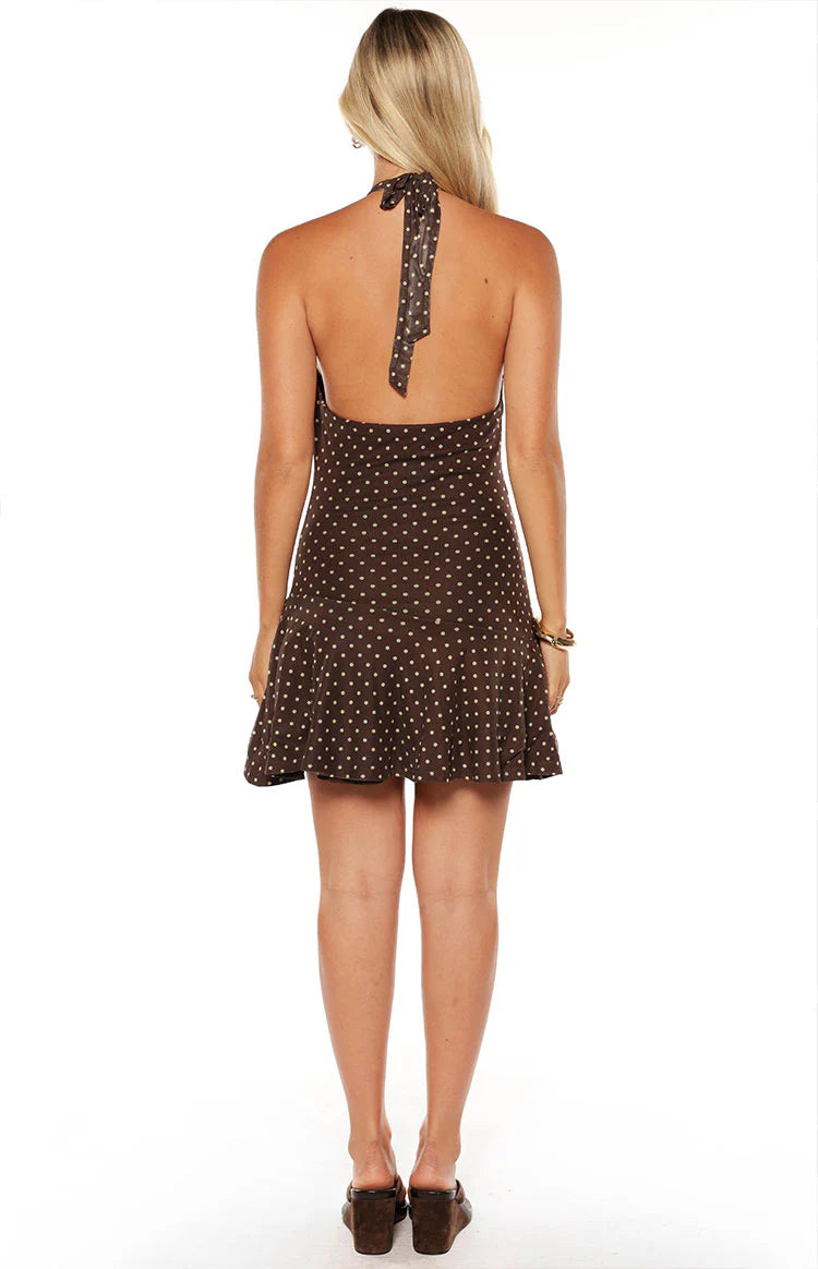 brown polka dot dress revolve Billy Brown Polka Dot Cowl Mesh Mini Dress - 10