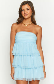 Light blue strapless mini dress with a ruched tulle bodice and tiered skirt detail