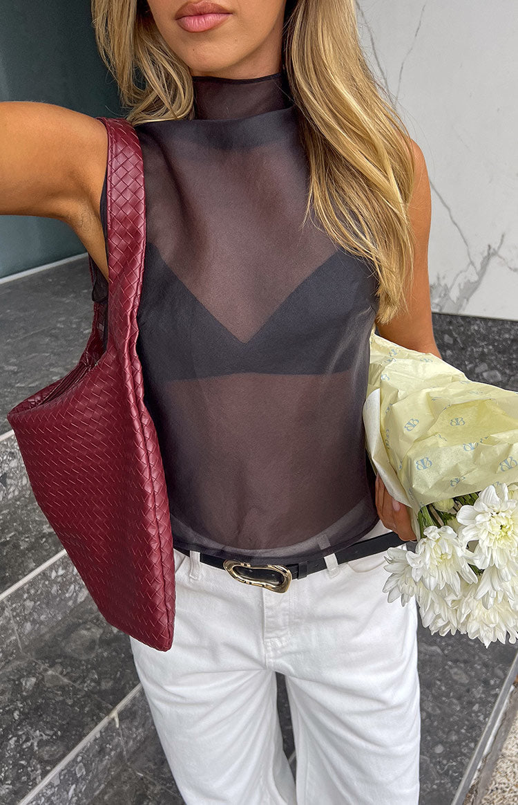 Beginning Boutique Blair Black High Neck Sheer Top black sheer high neck sleeveless top