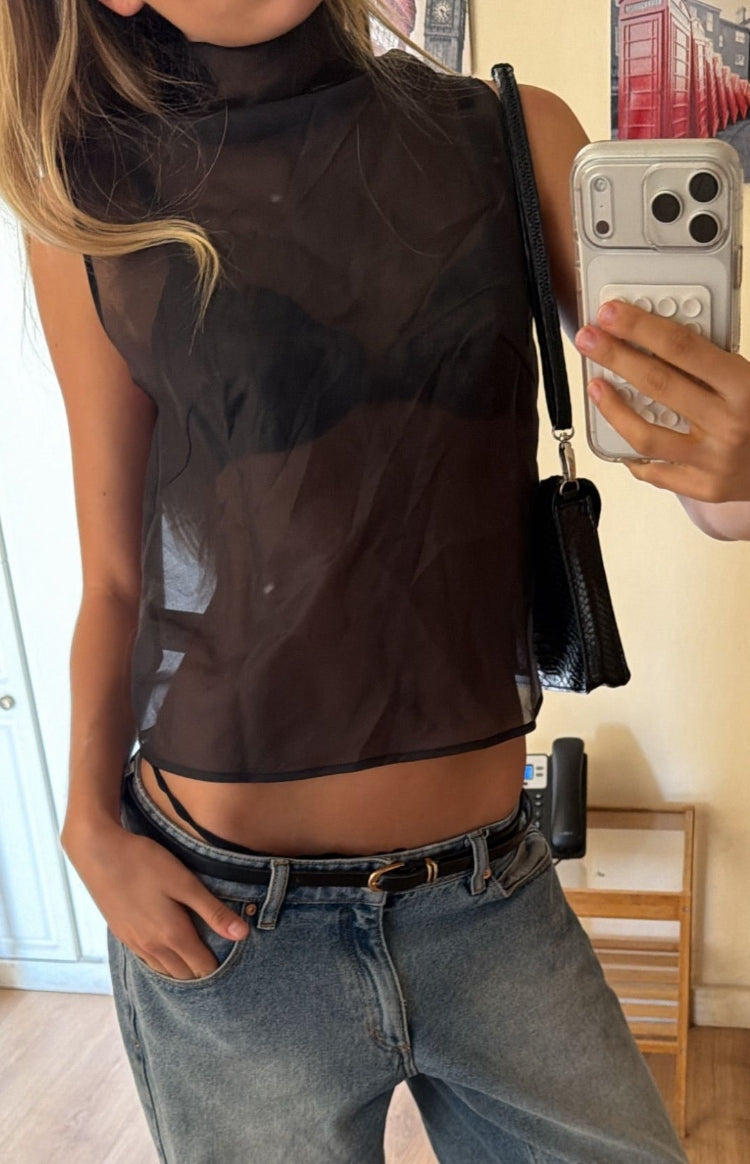 Beginning Boutique Blair Black High Neck Sheer Top black sheer high neck sleeveless cropped top