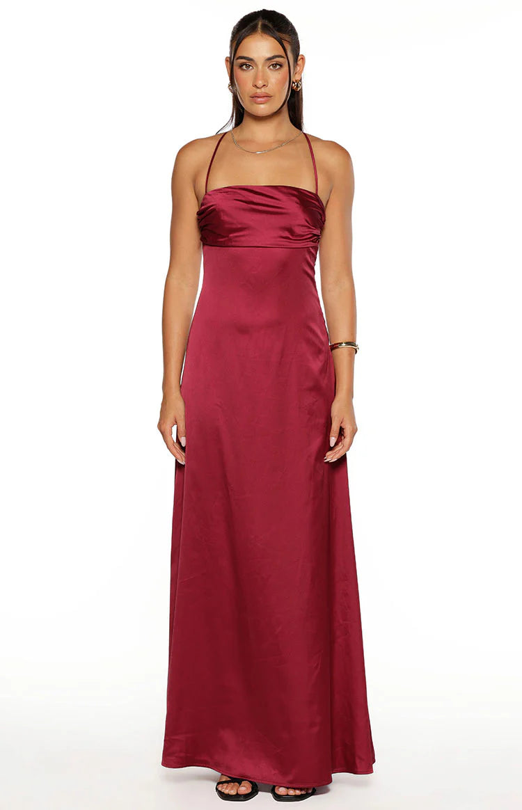 Blaise Burgundy Satin Maxi Dress - 12 | Beginning Boutique Exclusive Blaise Burgundy Satin Maxi Dress - 12 | Beginning Boutique Exclusive