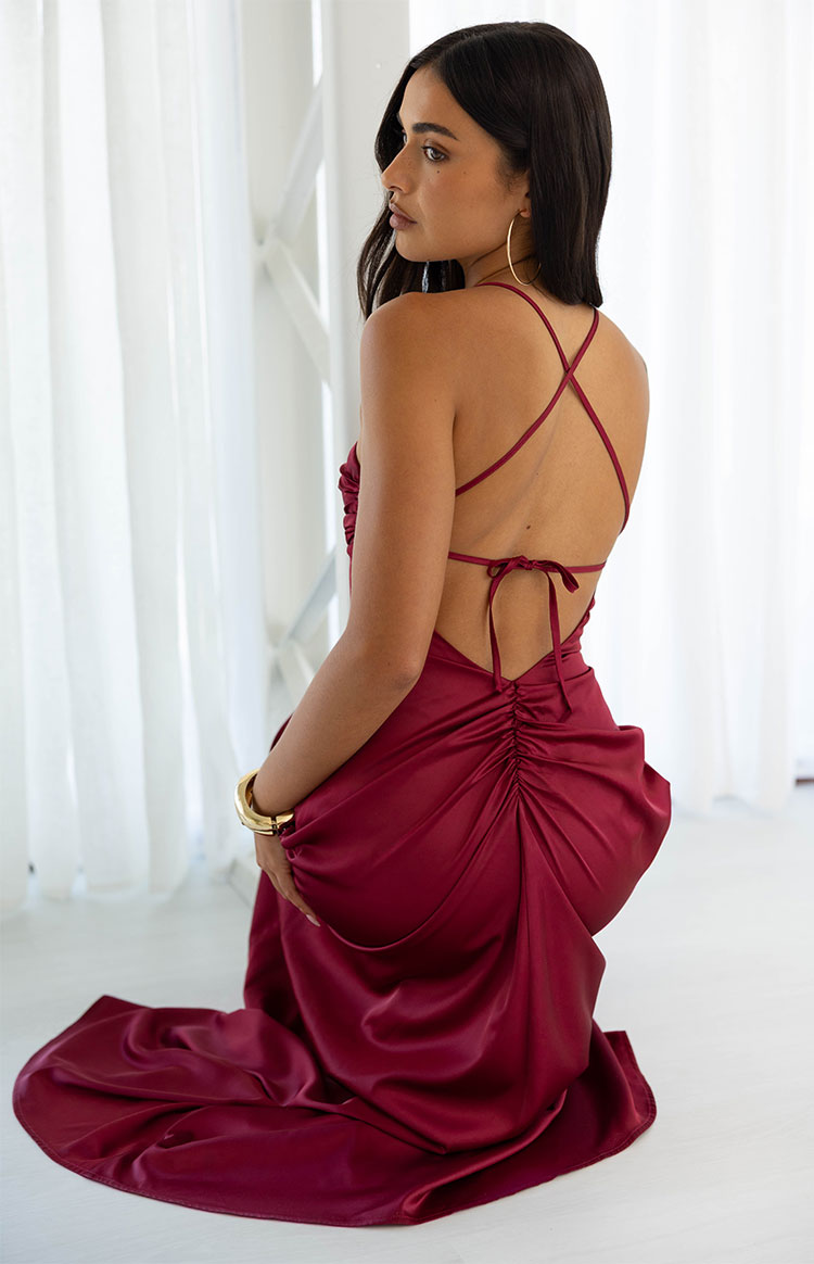 Blaise Burgundy Satin Maxi Dress - 12 | Beginning Boutique Exclusive Blaise Burgundy Satin Maxi Dress - 12 | Beginning Boutique Exclusive
