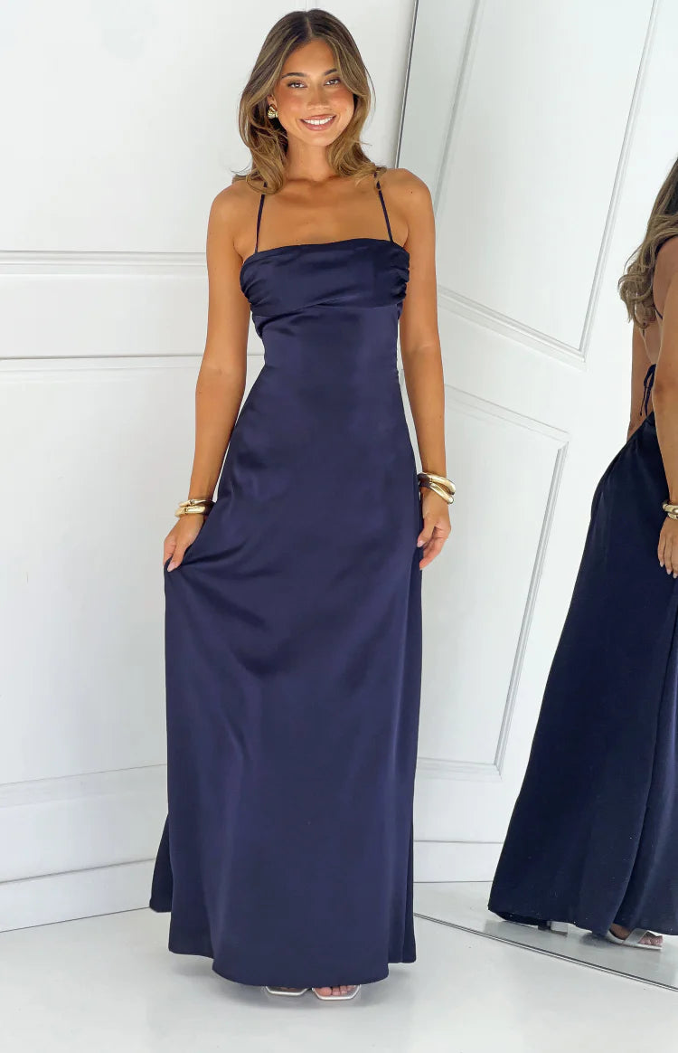 satin navy blue dress A-line Evening Dress,Navy Blue Graduation Y4835 Simplepromdress Knee to mid Midnight Navy Satin Twill Bridesmaid