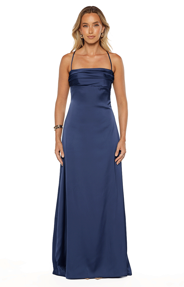 Full front view of a navy satin maxi dress with a draped strapless neckline and thin spaghetti straps