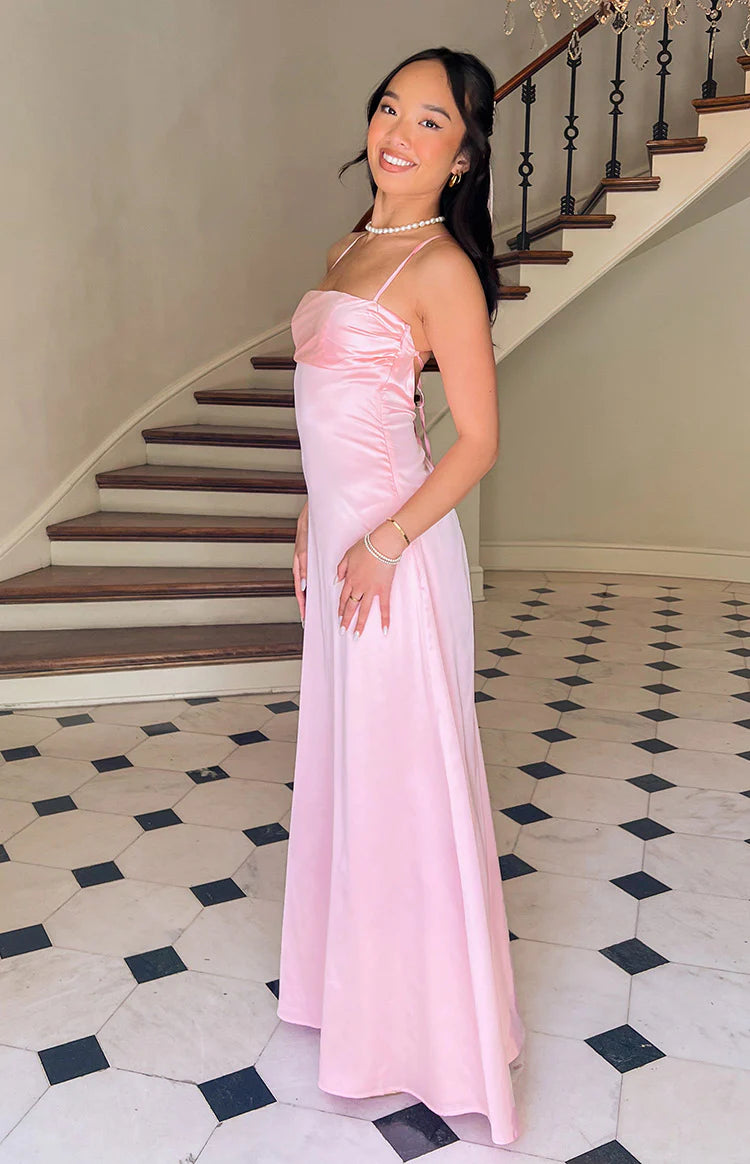 long pink silk dress Blaise Pink Satin Maxi Dress - US 0