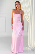 Full length pink satin maxi dress with a straight neckline and thin spaghetti straps