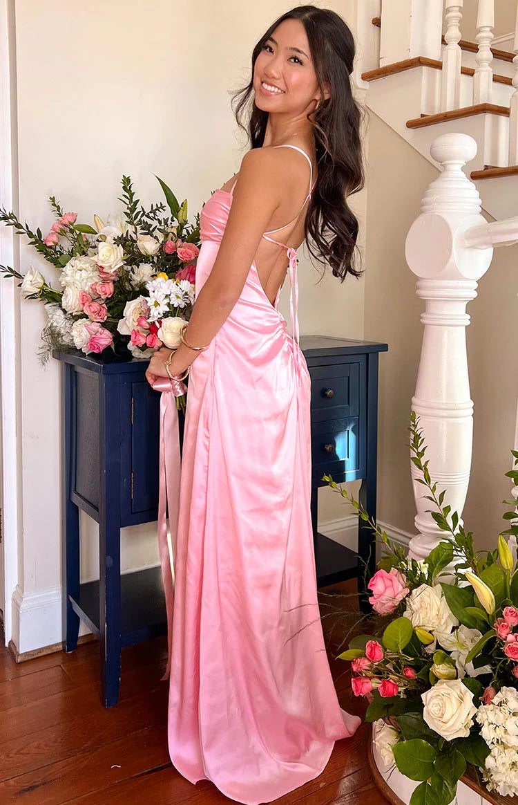 Blaise Pink Satin Maxi Dress - US 0 | Beginning Boutique Exclusive Blaise Pink Satin Maxi Dress - US 0 | Beginning Boutique Exclusive