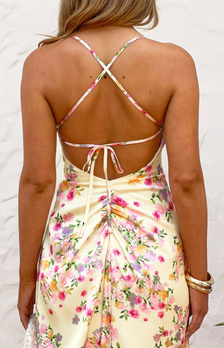 Blaise Yellow Bloom Satin Maxi Dress