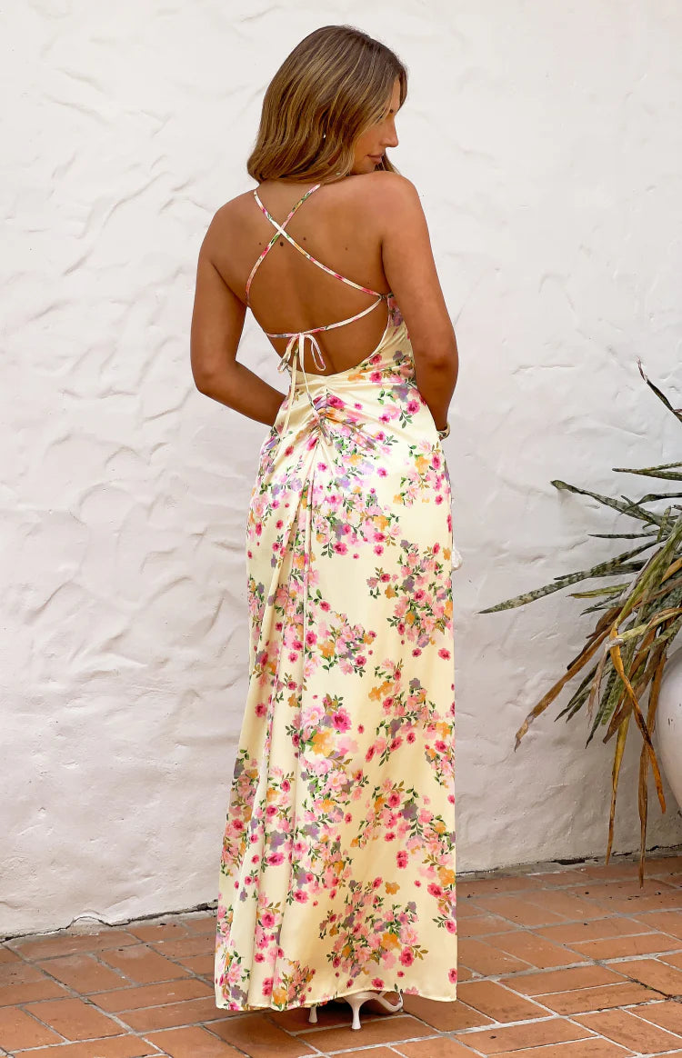 Blaise Yellow Bloom Satin Maxi Dress