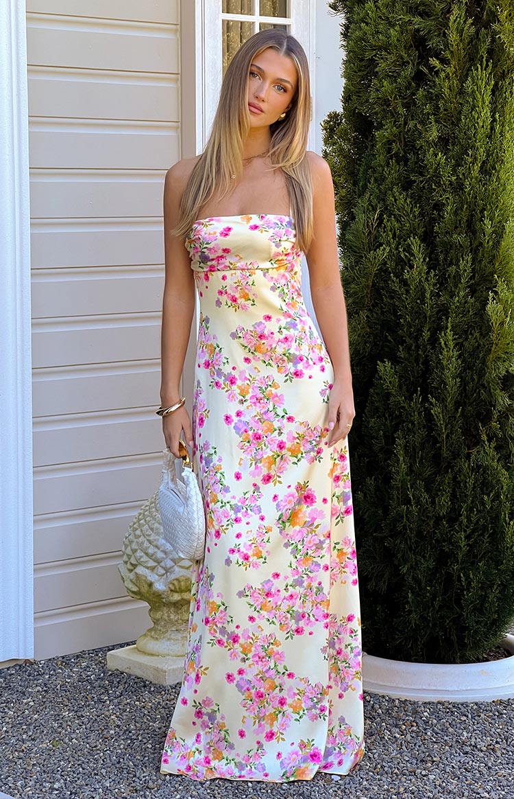 Blaise Yellow Bloom Satin Maxi Dress - US 0