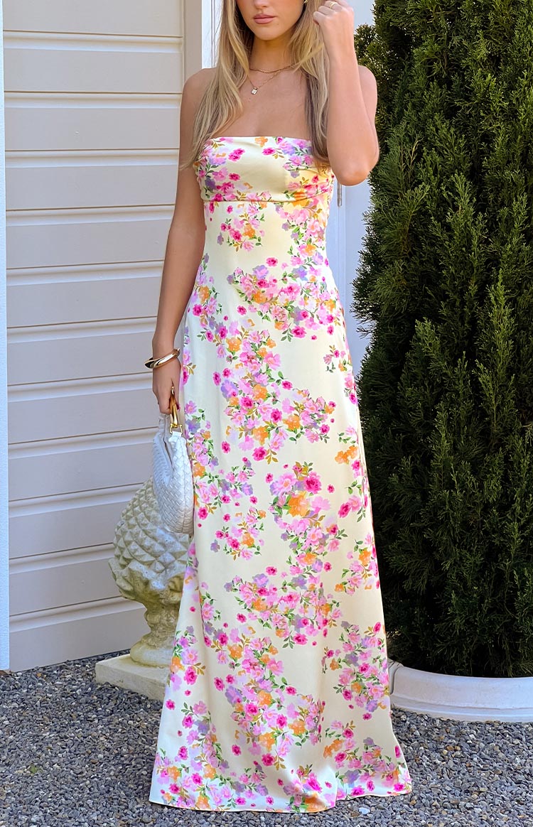 Blaise Yellow Bloom Satin Maxi Dress - US 0 | Beginning Boutique exclusive