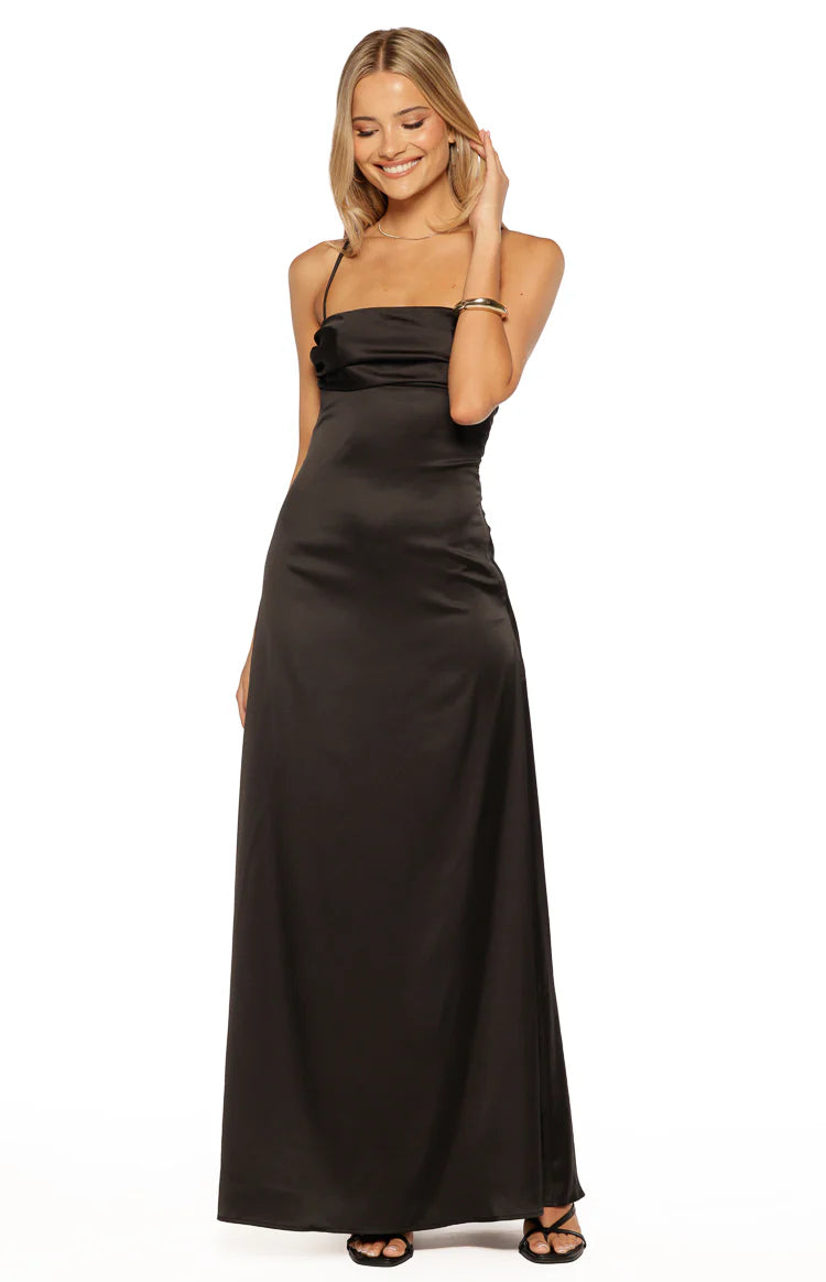 long black satin bridesmaid dresses Blaise Black Satin Maxi Dress - US 8