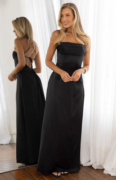 black satin dress maxi Blaise Black Satin Maxi Dress - US 8