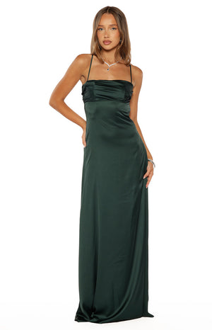 Beginning Boutique Blaise Emerald Satin Maxi Dress emerald satin maxi dress with a ruched straight neckline and thin spaghetti straps