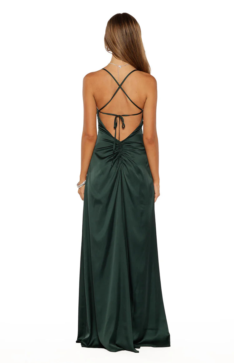 Blaise Emerald Satin Maxi Dress - US 4 | Beginning Boutique Exclusive Blaise Emerald Satin Maxi Dress - US 4 | Beginning Boutique Exclusive