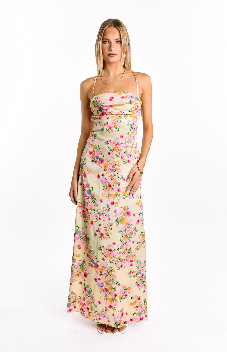 Blaise Yellow Bloom Satin Maxi Dress Image