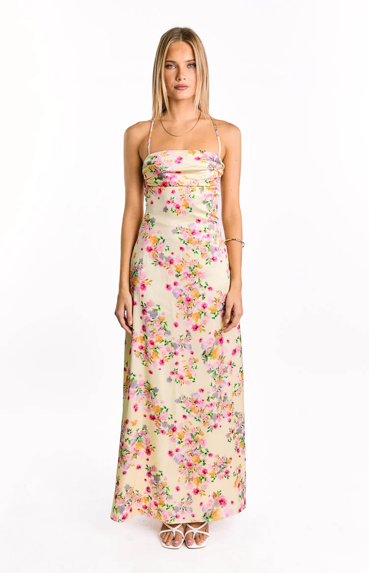 blaise yellow satin maxi dress Blaise Yellow Bloom Satin Maxi Dress - US 0