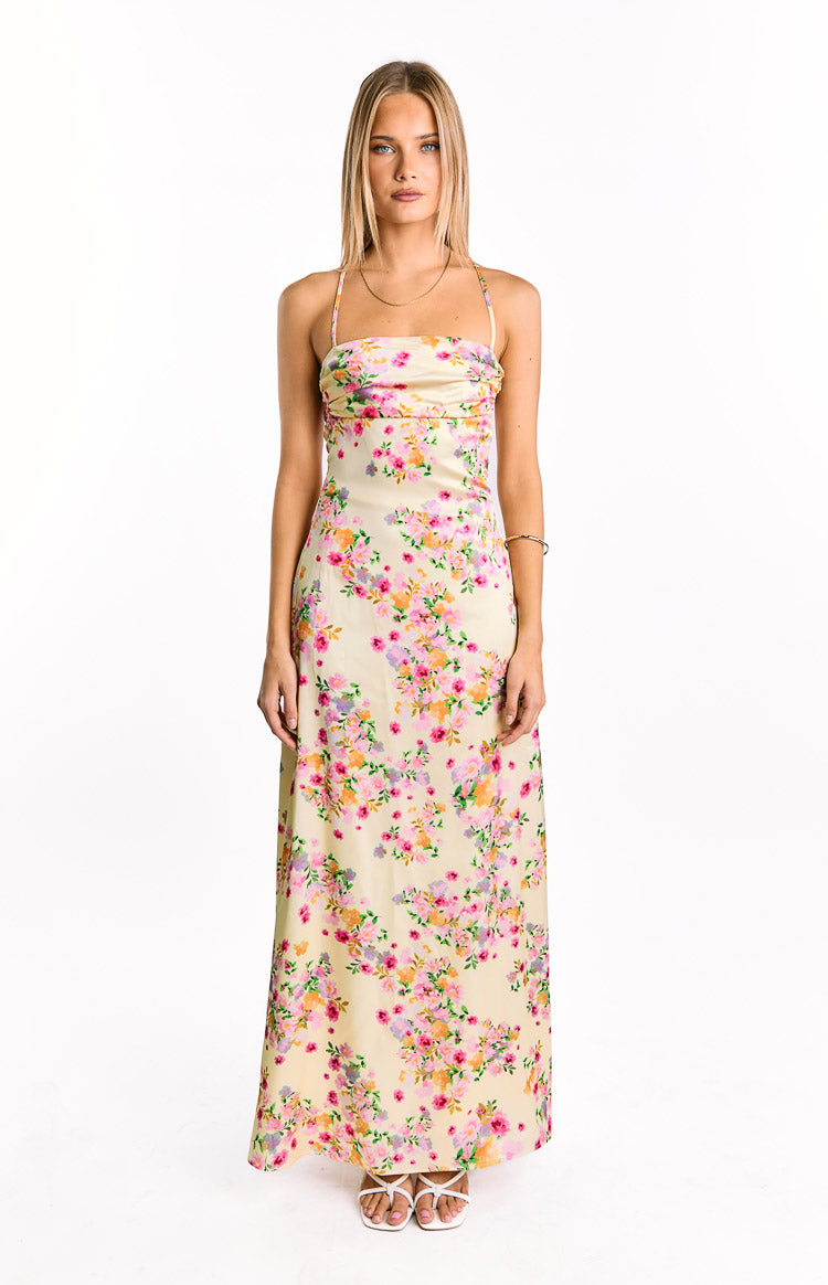 Blaise Yellow Bloom Satin Maxi Dress Image