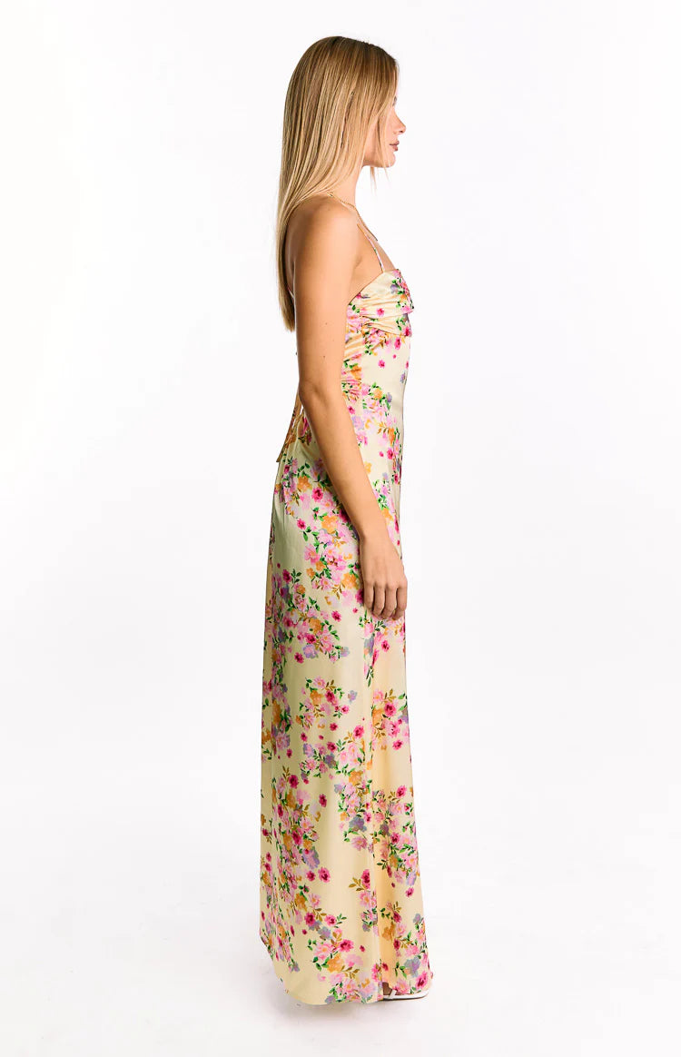 Blaise Yellow Bloom Satin Maxi Dress - US 0 | Beginning Boutique exclusive