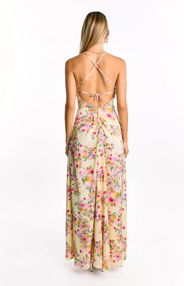 Blaise Yellow Bloom Satin Maxi Dress - US 0 | Beginning Boutique Exclusive Blaise Yellow Bloom Satin Maxi Dress - US 0 | Beginning Boutique Exclusive
