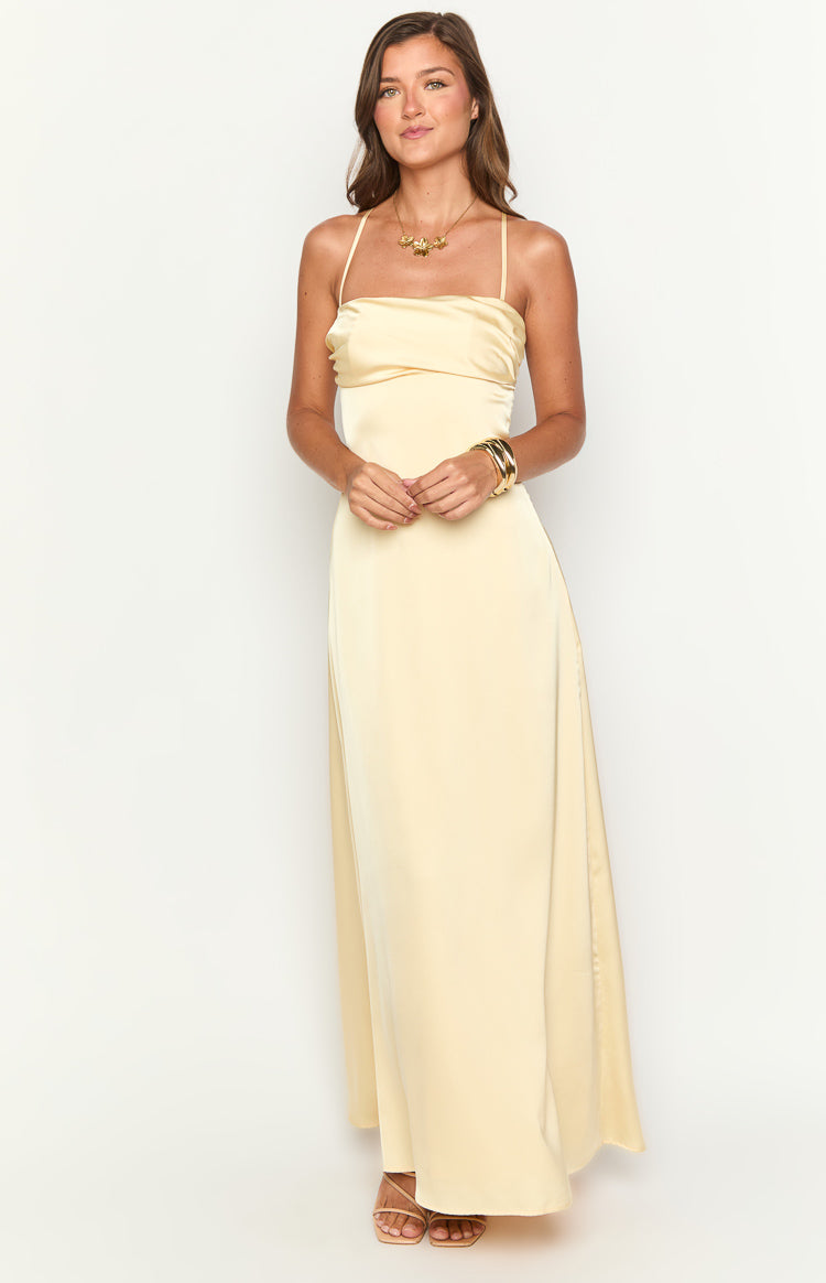 Blaise Yellow Satin Maxi Dress | Beginning Boutique US