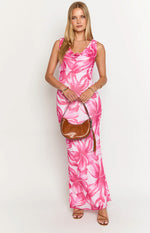Front view of a pink floral maxi dress with a draped cowl neckline and sleeveless design