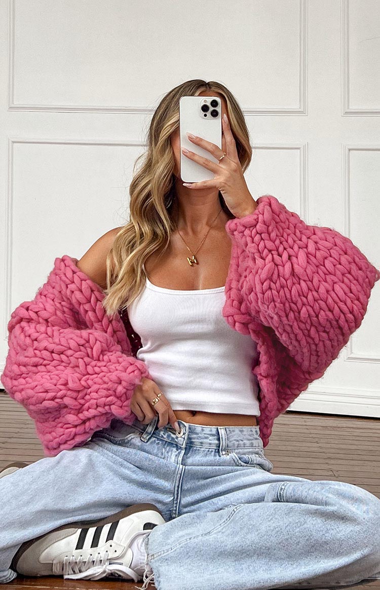 blush pink oversized heavy-weight open style knit cardigan