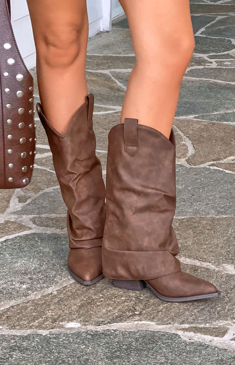 Beginning Boutique Blythe Chocolate Suedette Foldover Boots chocolate suedette slouchy foldover cowboy boots with pointed toe