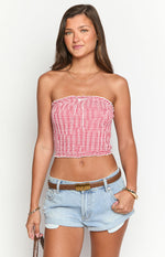 Boston Red Gingham Strapless Top Image