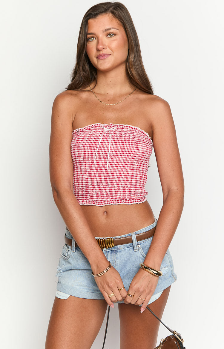 Boston Red Gingham Strapless Top Image