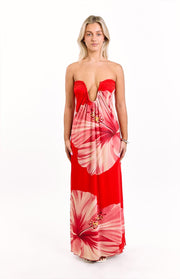Orange hibiscus print strapless maxi dress with a deep V-neck and gathered bust detail
