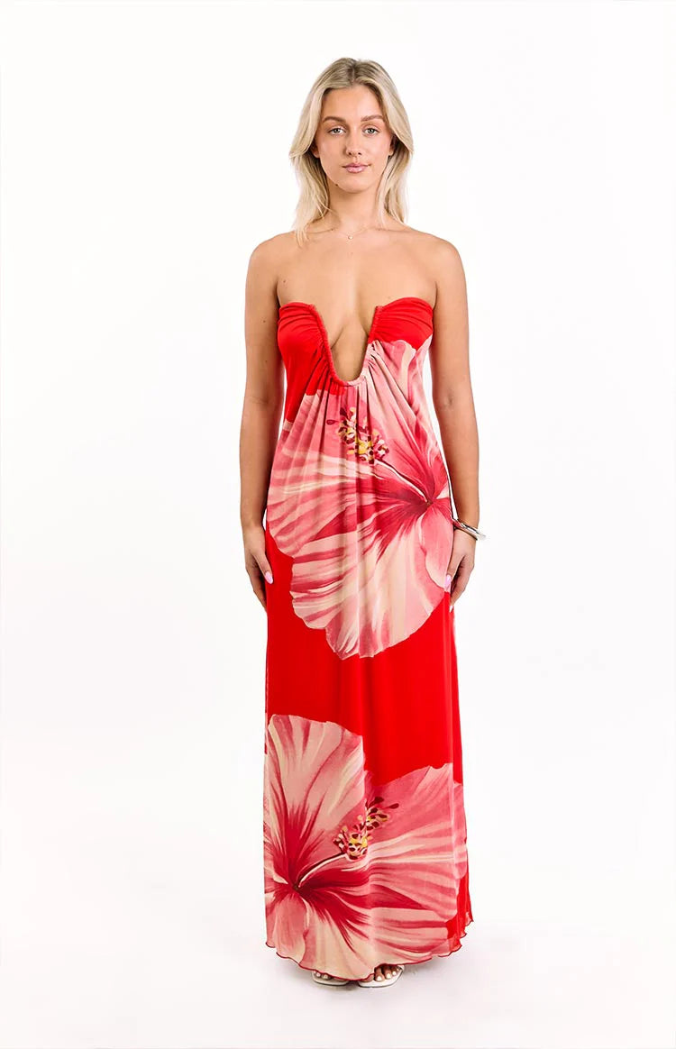 Braelyn Orange Hibiscus Print Strapless Maxi Dress - US 6