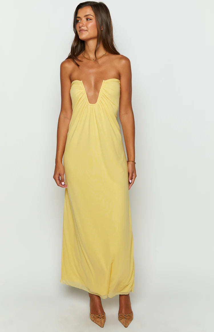 masterpiece strapless maxi dress yellow Ruffle-Trim Strapless Gown in Pastel Yellow - 8
