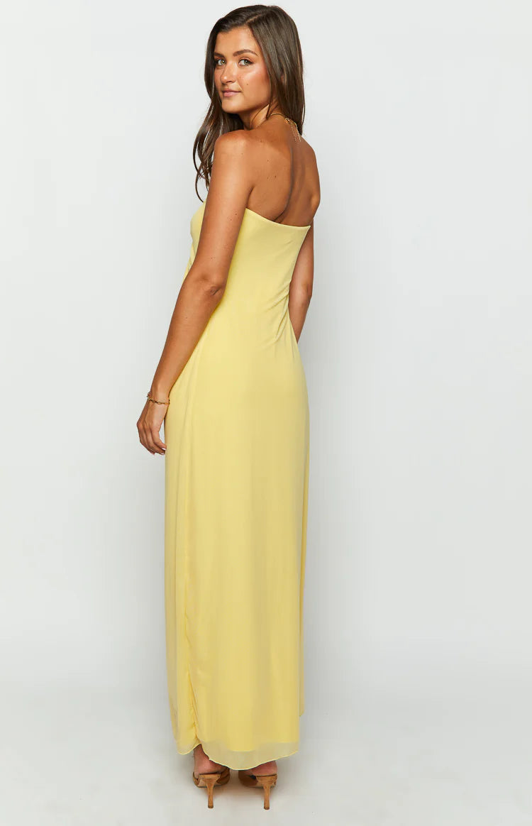 masterpiece strapless maxi dress yellow Ruffle-Trim Strapless Gown in Pastel Yellow - 8